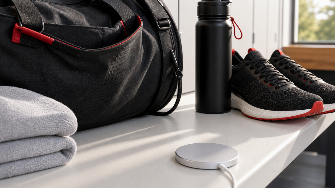 Training and travel carry setup with unbranded black and red athletic gear