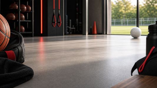Unbranded court and pitch inspired training space with generic sport gear