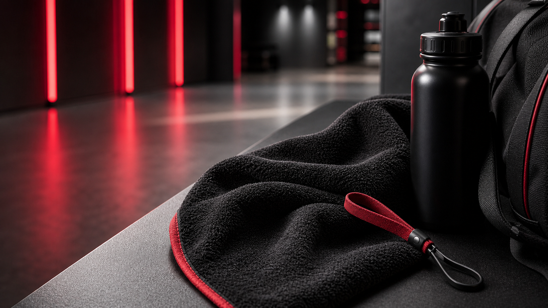 Red and black sport-inspired game-day training setup with unbranded athletic gear