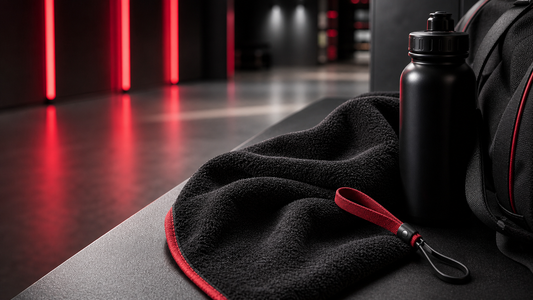 Red and black sport-inspired game-day training setup with unbranded athletic gear